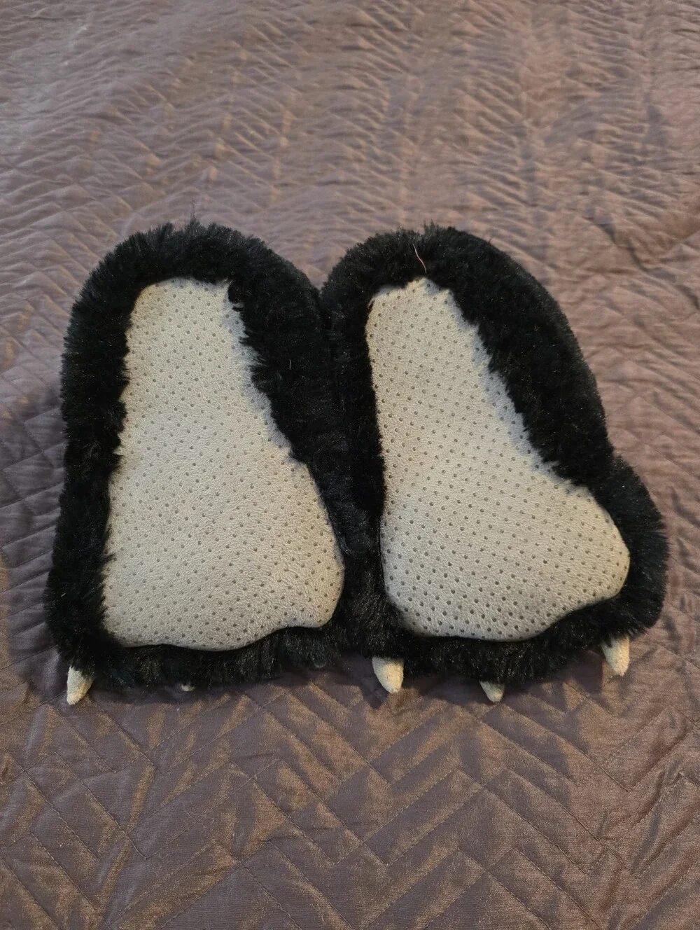 Lazy One Black Plush Bear Paw Kids Slippers with Cream Claws